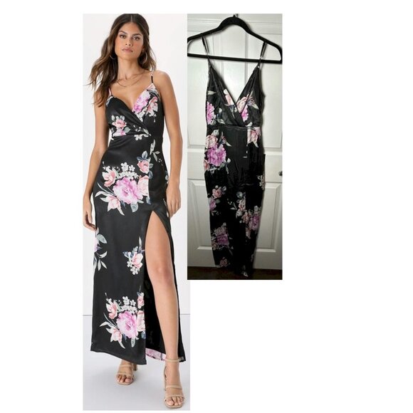 Lulus Dresses & Skirts - Lulus Sensational Blossoms Black Floral Satin Lace Backless Maxi Dress XS NWT